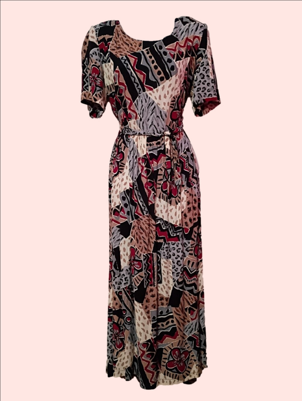 90's Vintage Midi Dress with Floral-Geometric Print in Beige, Black and Red